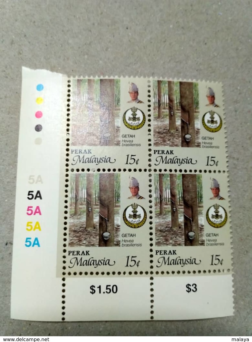 Malaysia 1986 1995  Agricultural Agro Perak Corner Block 4 15c Rubber P12 Wmk Upright Mnh Margin 1A 1A - Malaysia (1964-...)