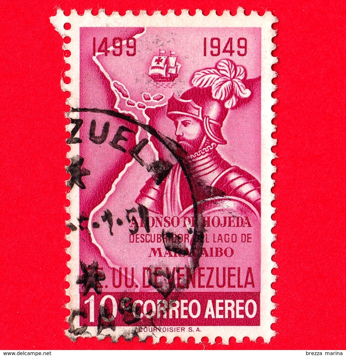 VENEZUELA - Usato - 1950 - Alonso De Hojeda, Scopritore Del Lago Di Maracaibo - 10 - P. Aerea - Venezuela