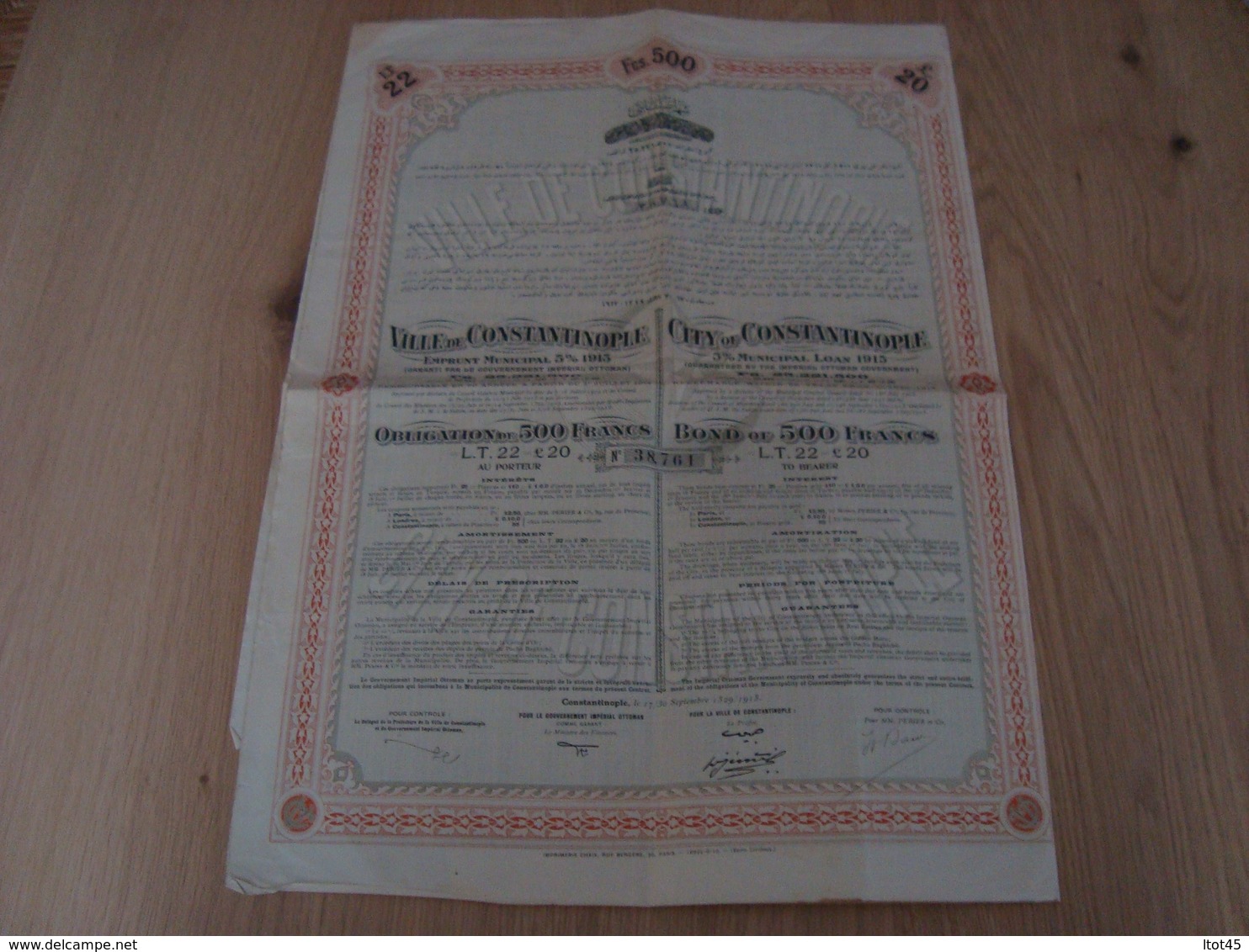 Emprunt Ville De Constantinople Municipal 5% 1913, Obligation De 500 Frs - Autres & Non Classés