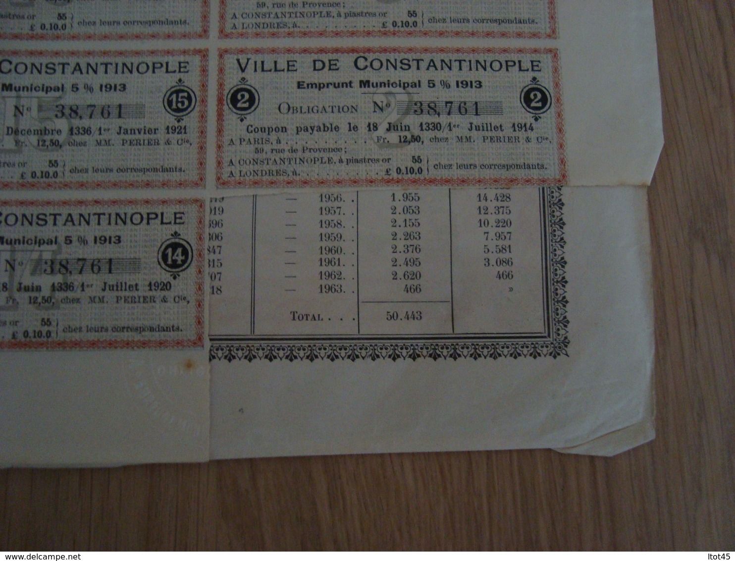 Emprunt Ville de Constantinople municipal 5% 1913, obligation de 500 frs