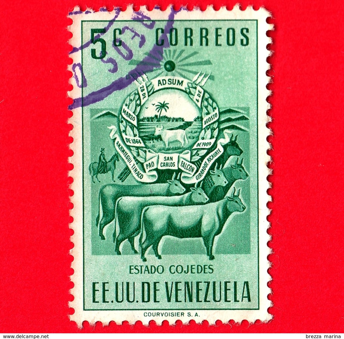 VENEZUELA - Usato - 1953 - Stemma Dello Stato Di Cojedes - Arms - Mucche - 5 - Venezuela
