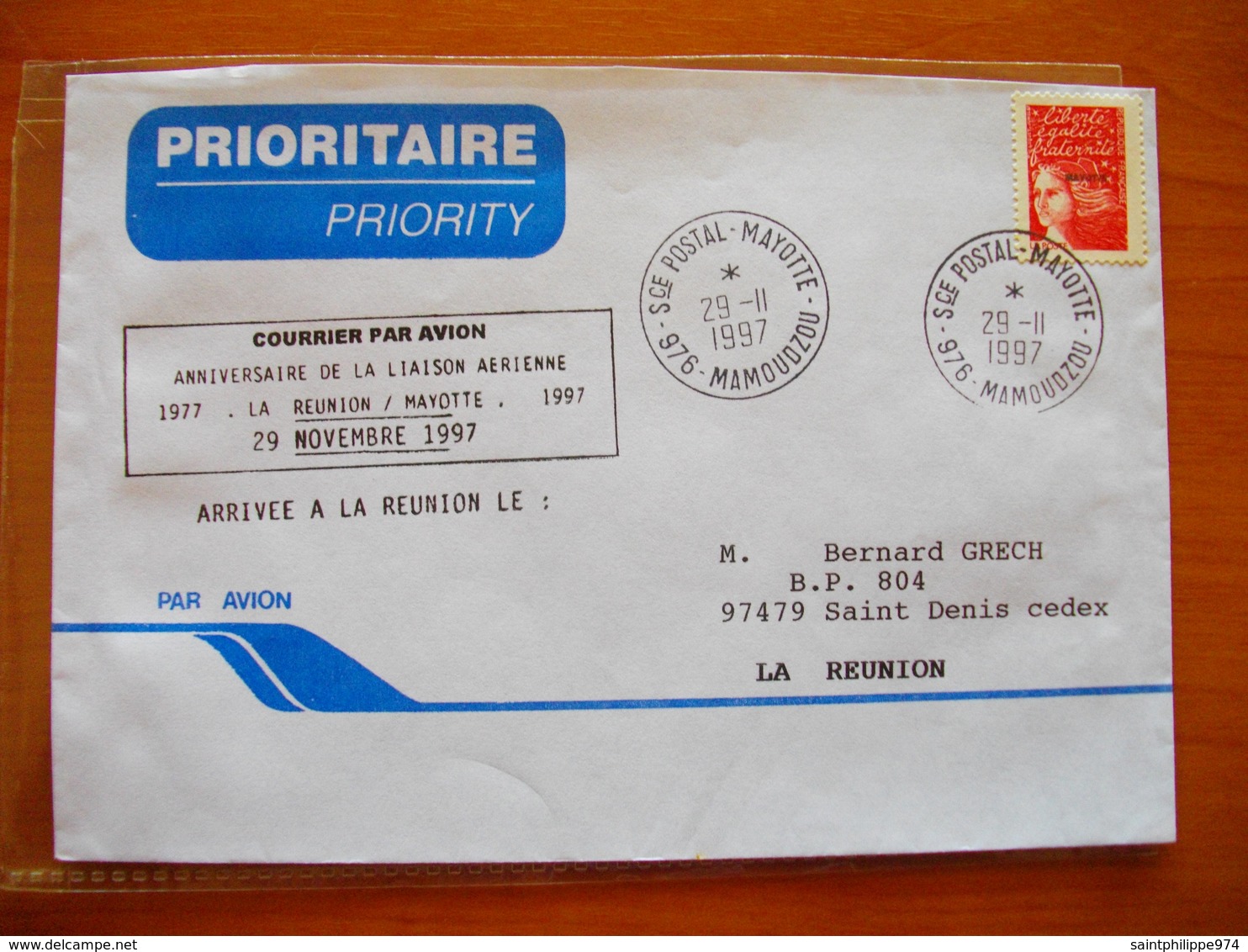 Réunion Et Mayotte : Lettre De 1997 Avec Cachet « Anniversaire De La Liaison Aérienne Réunion Mayotte1977 1997… ». - Autres & Non Classés