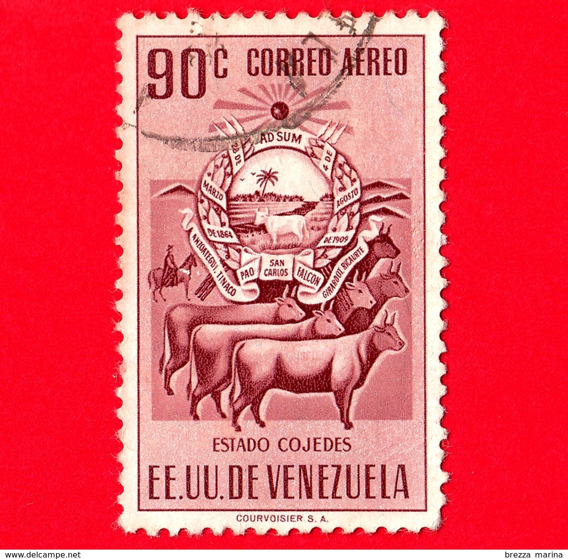 VENEZUELA - Usato - 1953 - Stemma Dello Stato Di Cojedes - Arms - Mucche - 90 - Posta Aerea - Venezuela