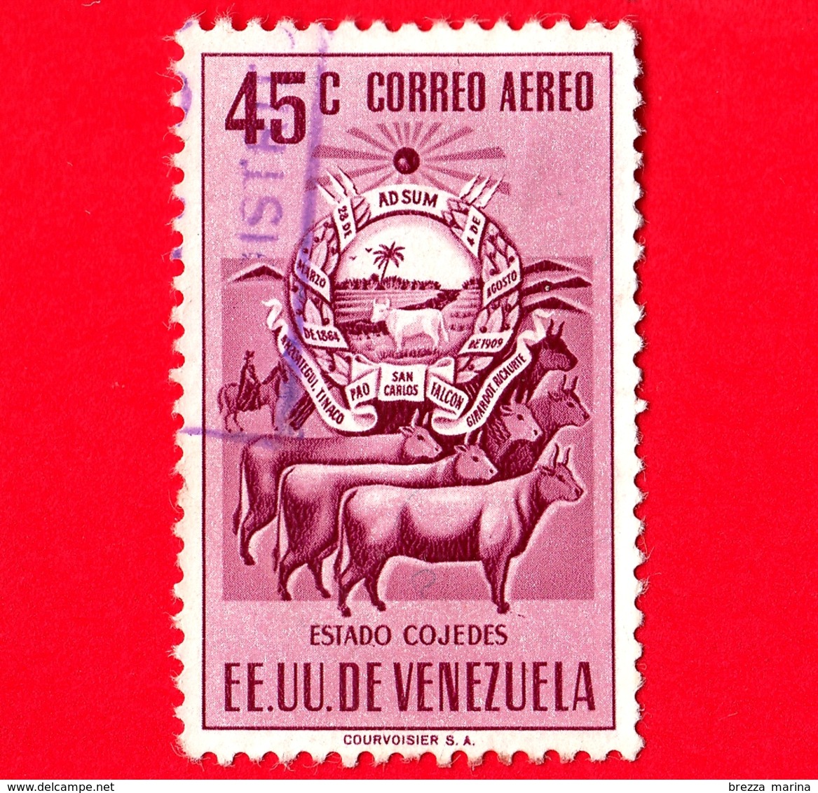 VENEZUELA - Usato - 1953 - Stemma Dello Stato Di Cojedes - Arms - Mucche - 45 P. Aerea - Venezuela