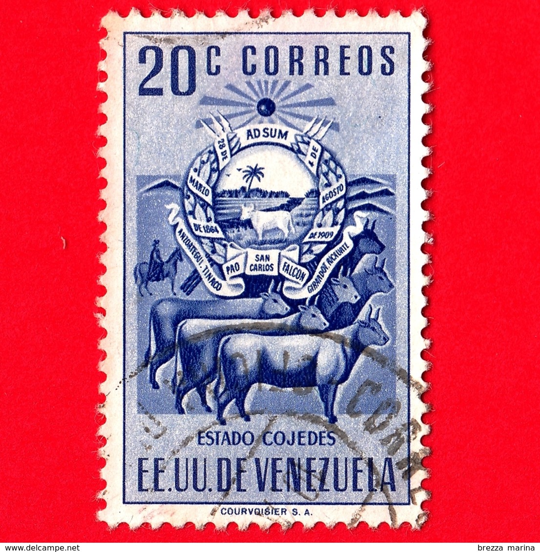 VENEZUELA - Usato - 1953 - Stemma Dello Stato Di Cojedes - Arms - Mucche - 20 - Venezuela