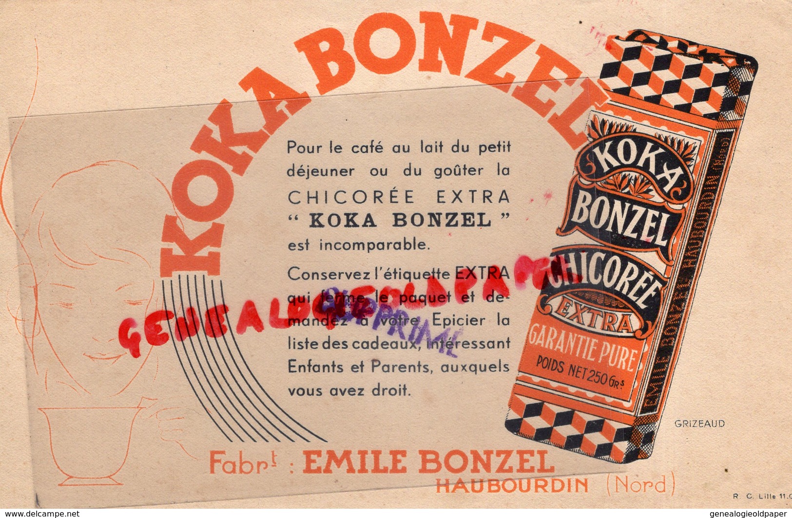 59- HAUBOURDIN- RARE BUVARD KOKA BONZEL CHICOREE EXTRA- EMILE BONZEL-ILLUSTRATEUR GRIZEAUD - Food