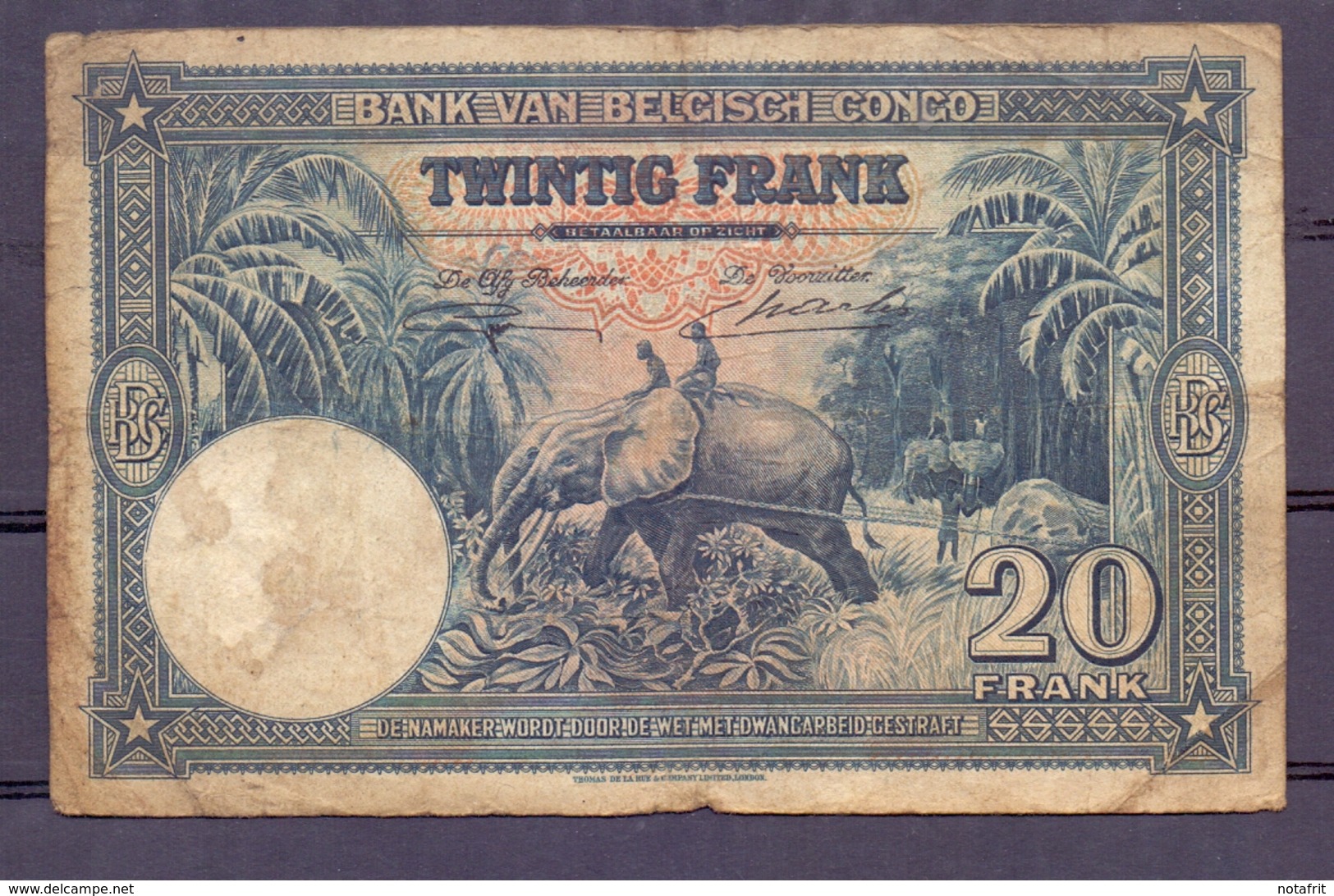 Belgian Congo Kongo 20 Fr 1946  VG - Andere - Afrika