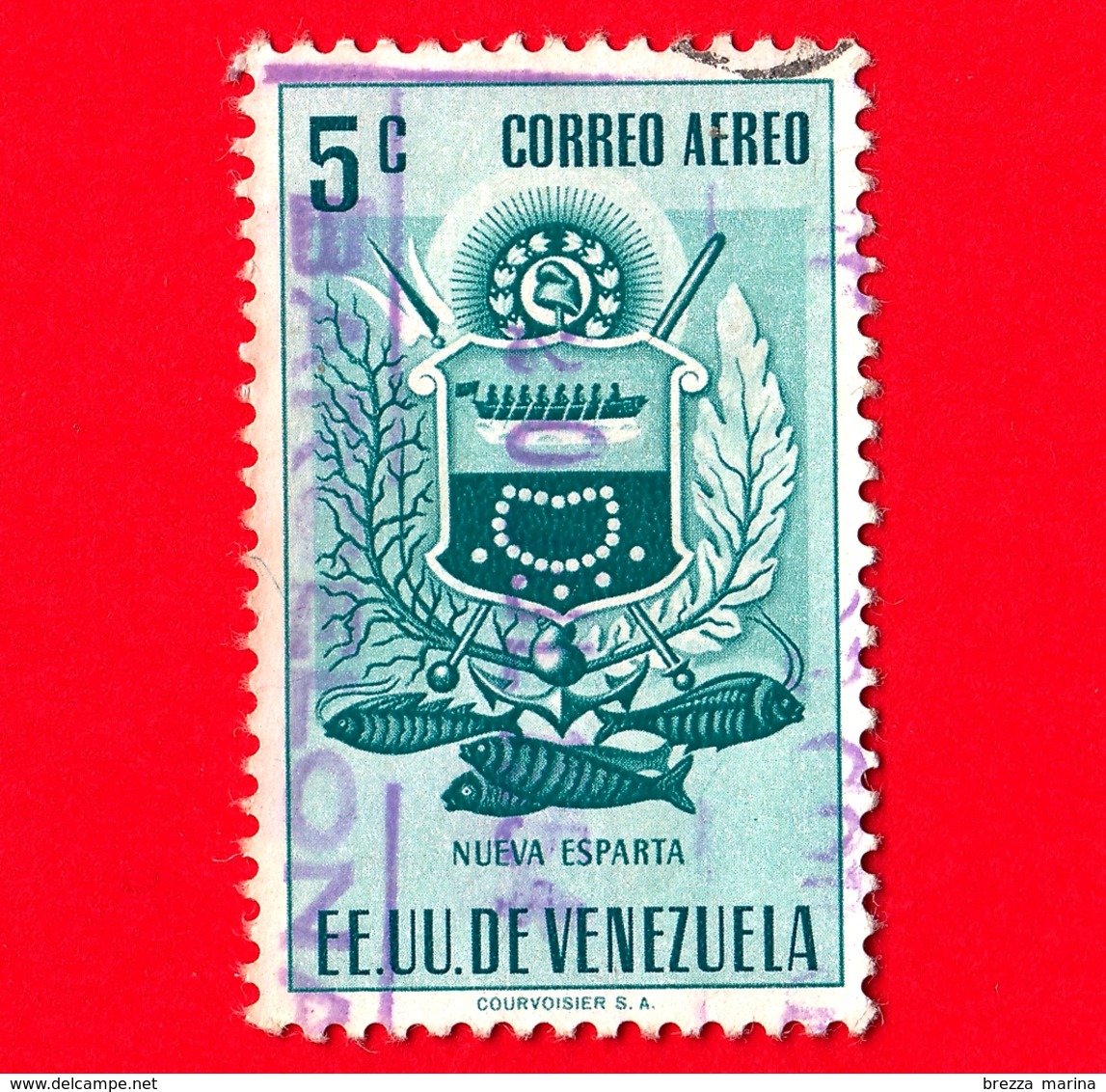 VENEZUELA - Usato - 1953 - Stemma Dello Stato Di Nueva Esparta - Arms - 5 - P. Aerea - Venezuela