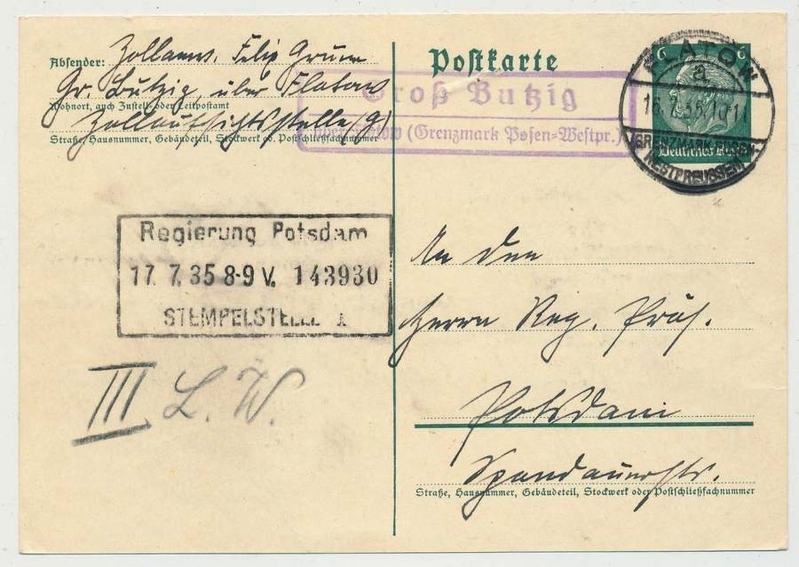 Landpoststempel "Groß Botzig über Flatow" Fernpostkarte 1935 - Maschinenstempel (EMA)