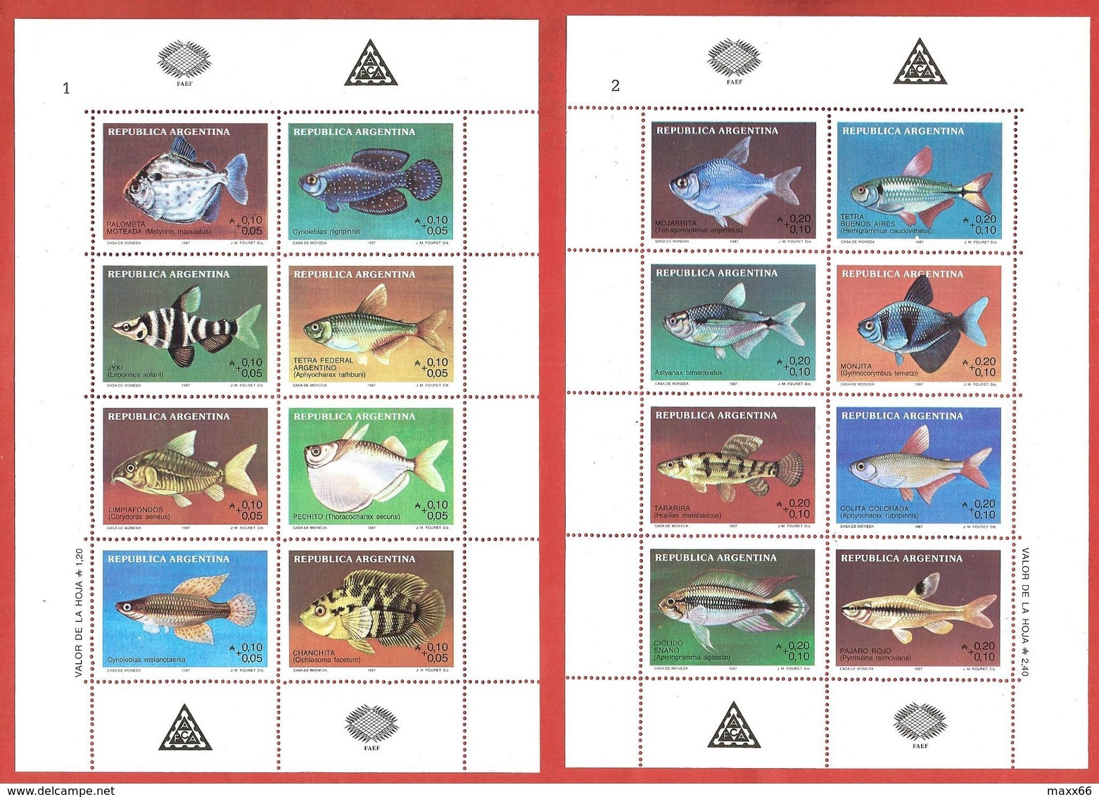 ARGENTINA MNH - 1987 Argentine Philately - River Fish - 8 X 0,10+0,05 + 8 X 0,20+0,10 ₳  Austral - Michel AR 1871-1886KB - Blocchi & Foglietti