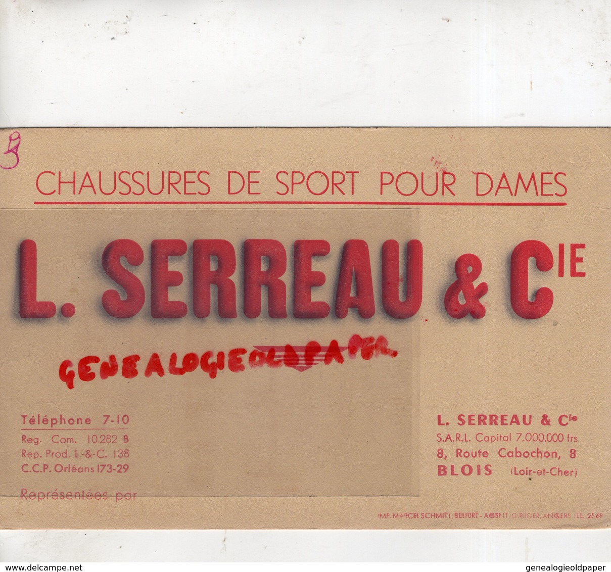 41- BLOIS- BUVARD L. SERREAU & CIE- CHAUSSURES SPORT POUR DAMES-8 ROUTE CABOCHON -IMPRIMERIE MARCEL SCHMITTE BELFORT - Zapatos