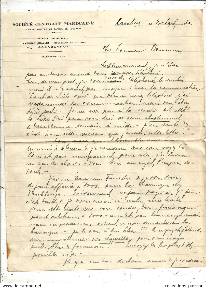 Lettre En Tête SOCETE CENTRALE MAROCAINE , CASABLANCA , 1920 , Double Face ,  Frais Fr 1.55 E - Non Classés