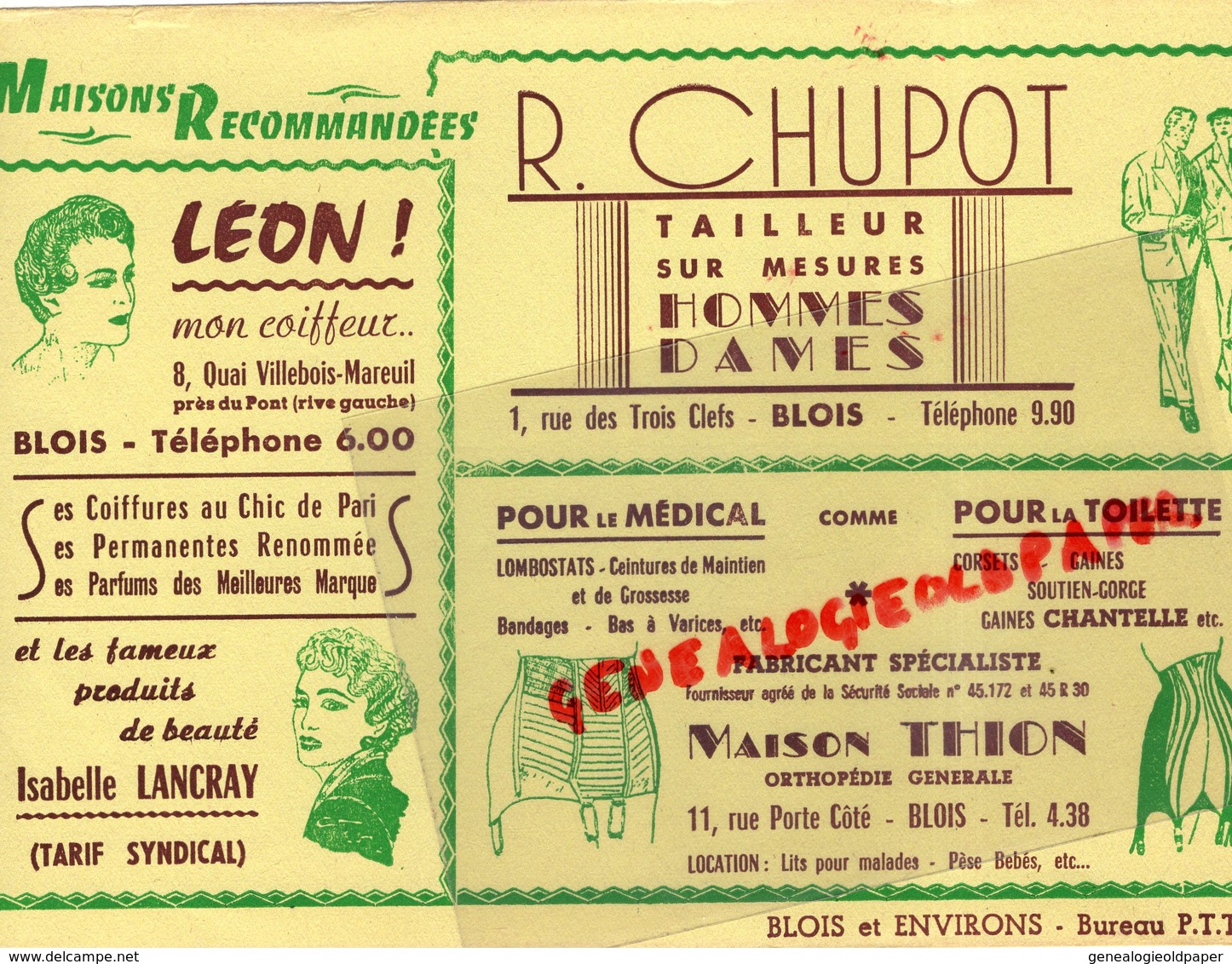 41- BLOIS-RARE BUVARD R.CHUPOT TAILLEUR-1 RUE TROIS CLEFS-MAISON THION ORTHOPEDIE RUE PORTE COTE-LEON COIFFEUR LANCRAY - Textile & Vestimentaire