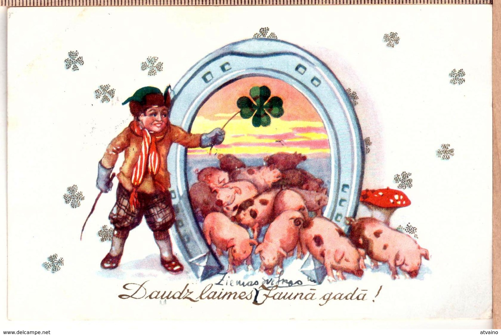 HAPPY NEW YEAR Piglets. E.Plates Edition Riga 1938 - Pigs