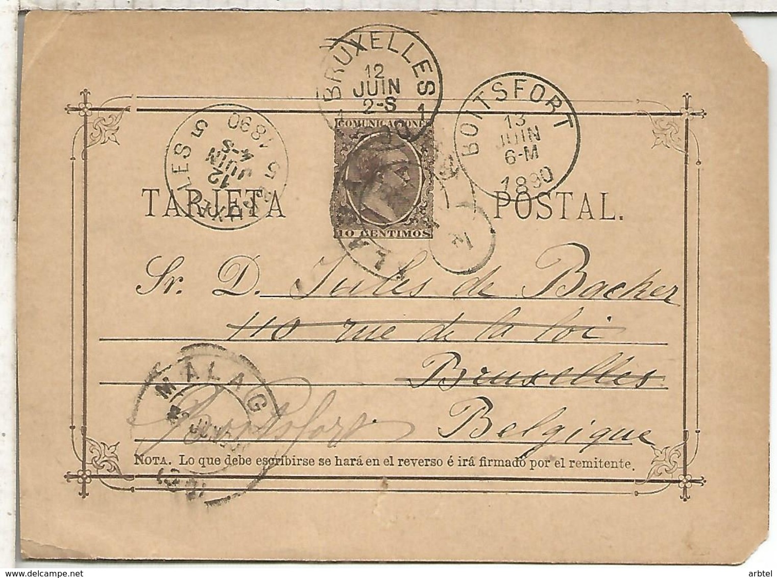 MALAGA A BRUXELLES REEXPEDIDA BOTSFORT 1890 TARJETA ENTERO POSTAL SPAIN STATIONERY CARD VARIEDAD TIPO I-A SR DEBAJO TARJ - 1850-1931