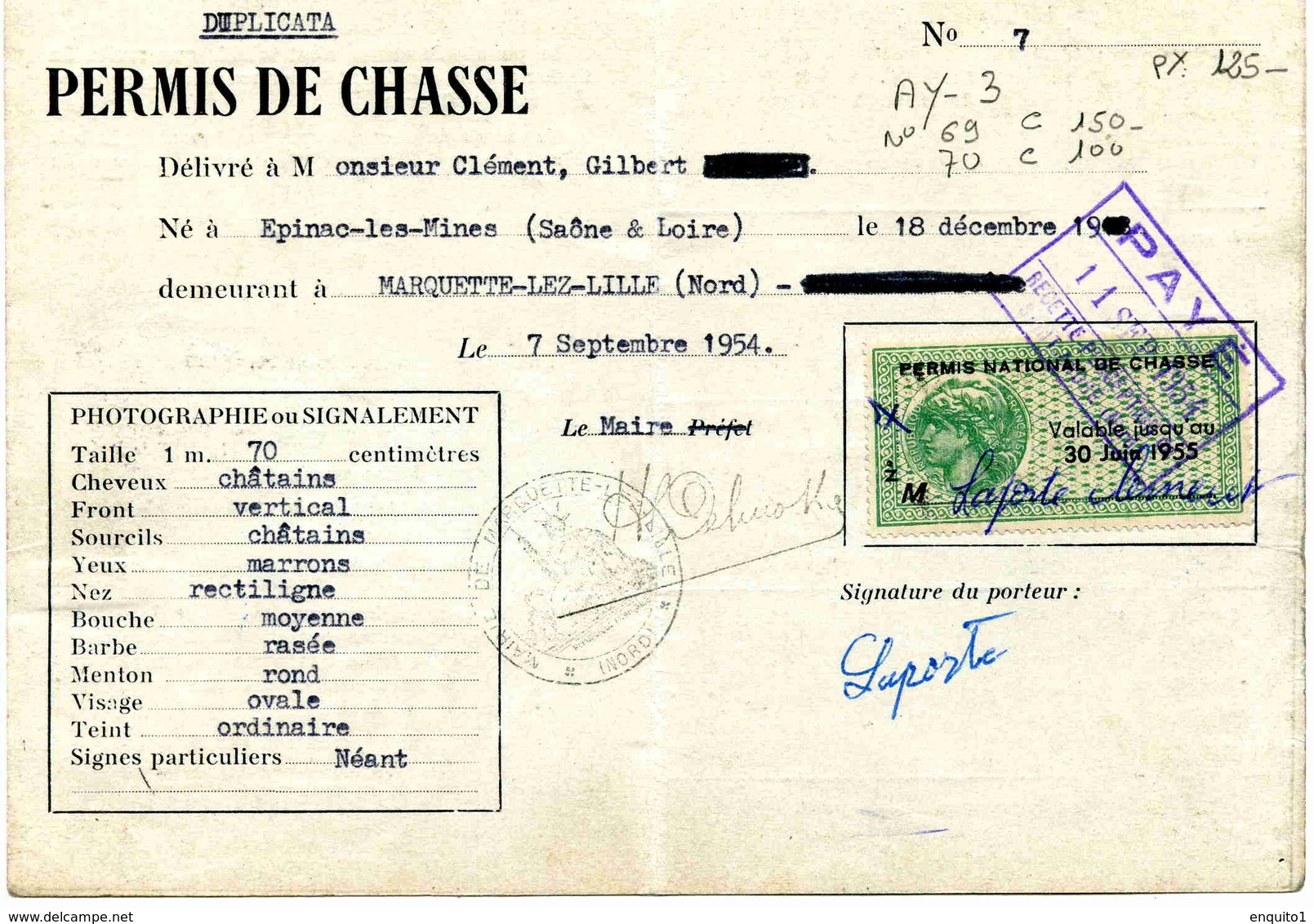 Timbre Fiscal : "Permis De Chasser" - Other & Unclassified