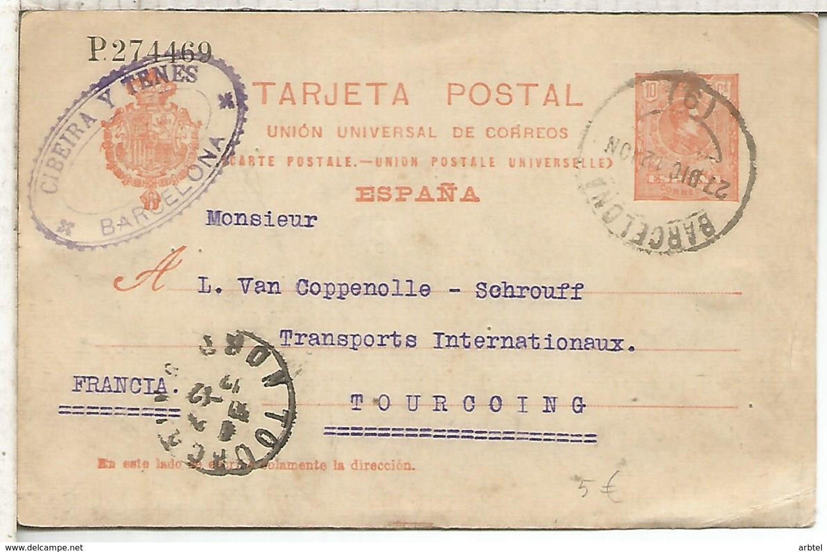 BARCELONA A TOURCOING 1912 TARJETA ENTERO POSTAL SPAIN STATIONERY CARD - 1850-1931