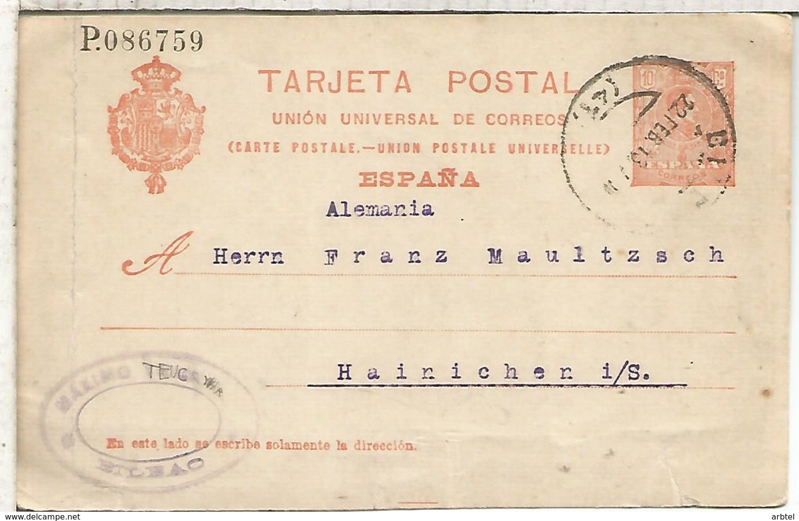 BILBAO A HAINICHER 1913 TARJETA ENTERO POSTAL SPAIN STATIONERY CARD - 1850-1931