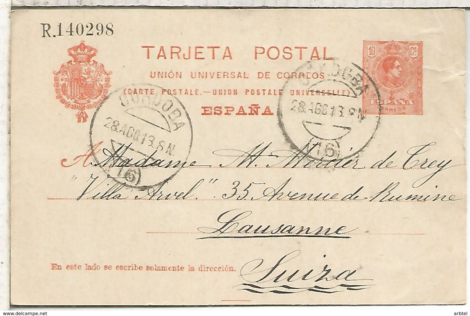 CORDOBA A LAUSSANNE 1913 TARJETA ENTERO POSTAL SPAIN STATIONERY CARD - 1850-1931