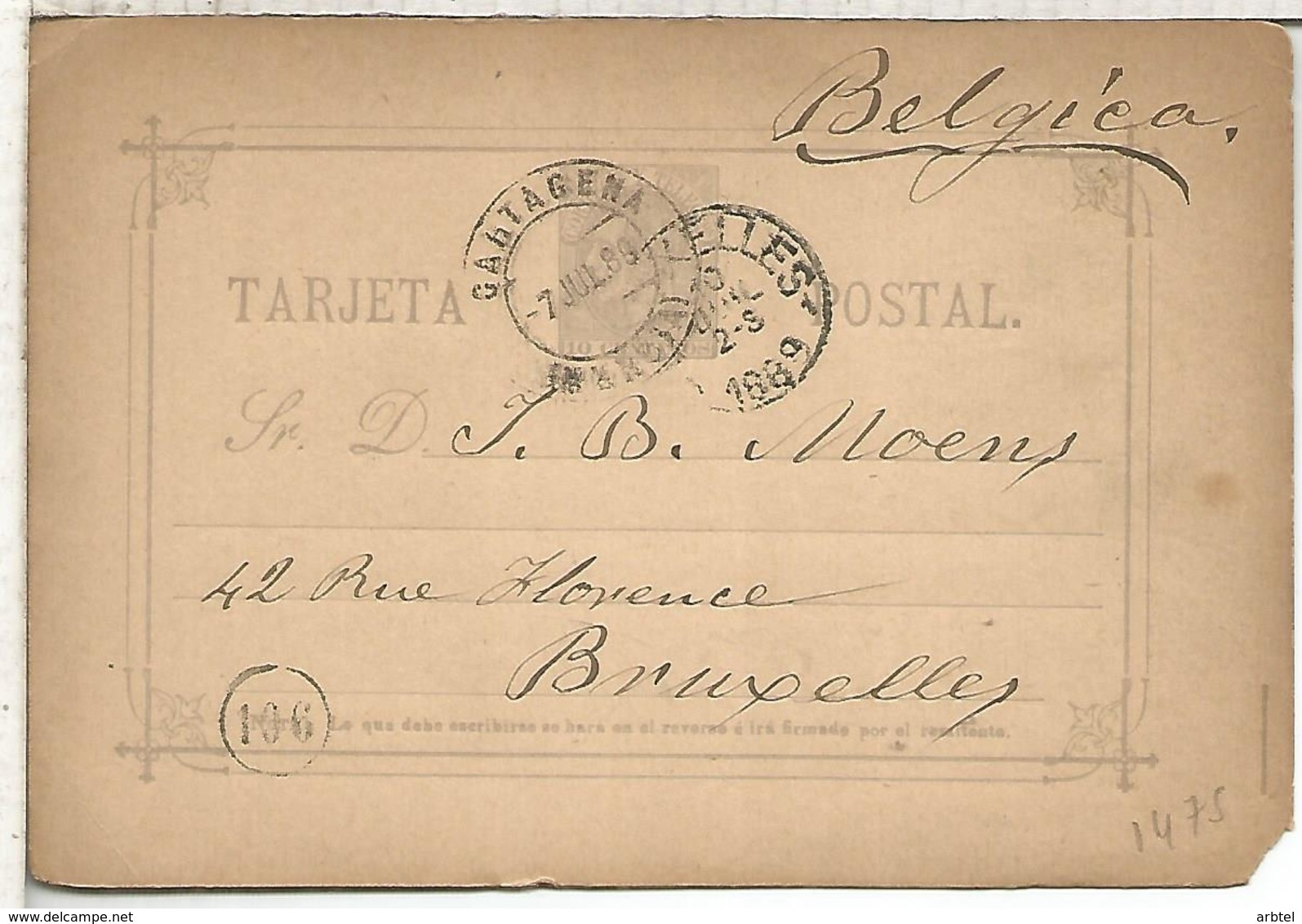 CARTAGENA MURCIA A BRUXELLES 1889  TARJETA ENTERO POSTAL SPAIN STATIONERY CARD VARIEDAD TIPO II-A - 1850-1931