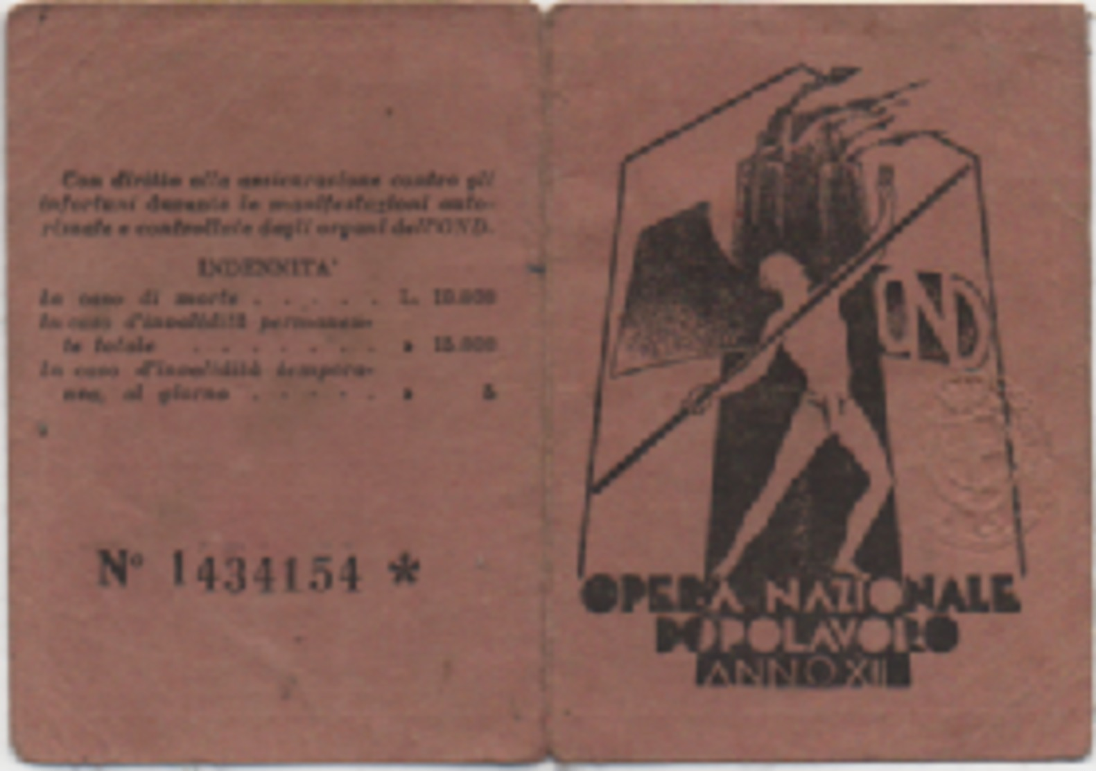 Tessera Opera Nazionale Dopolavoro Anno XII (1934). Dopolavoro Dipendenti Comunali Vicenza - Documenti Storici