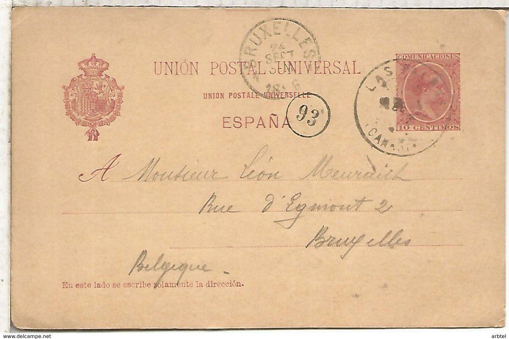 LAS PALMAS CANARIAS A BRUXELLES1896  TARJETA ENTERO POSTAL SPAIN STATIONERY CARD - 1850-1931