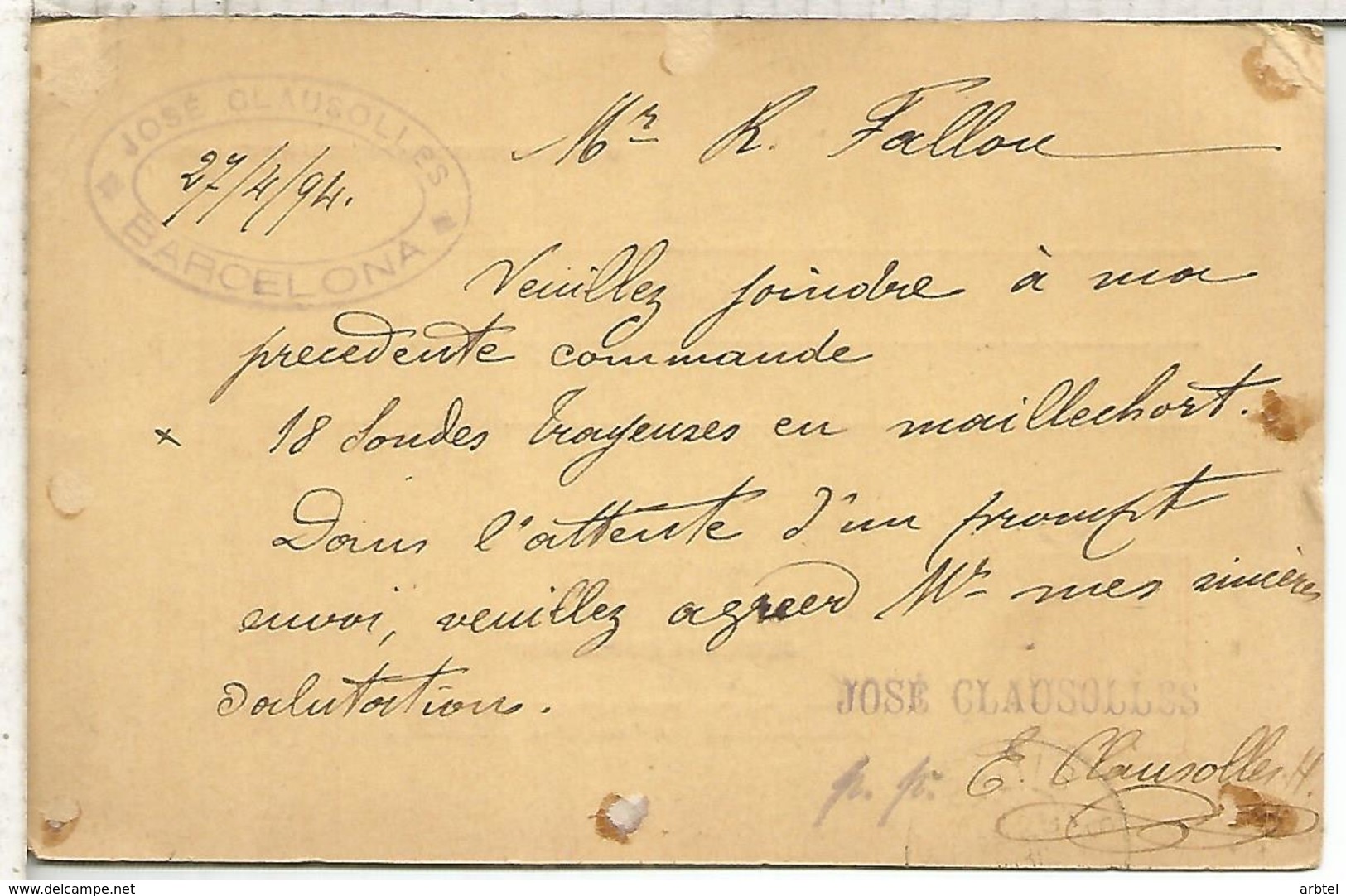 BARCELONA PARIS 1894  TARJETA ENTERO POSTAL SPAIN STATIONERY CARD VARIEDAD UNION FRANCES CON ACENTO - 1850-1931