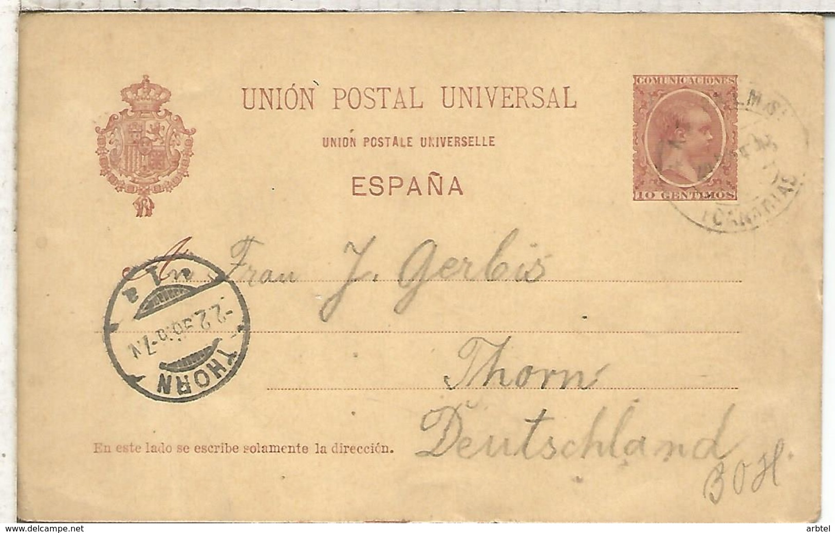 LAS PALMAS CANARIAS A THORN TARJETA ENTERO POSTAL SPAIN STATIONERY CARD - 1850-1931
