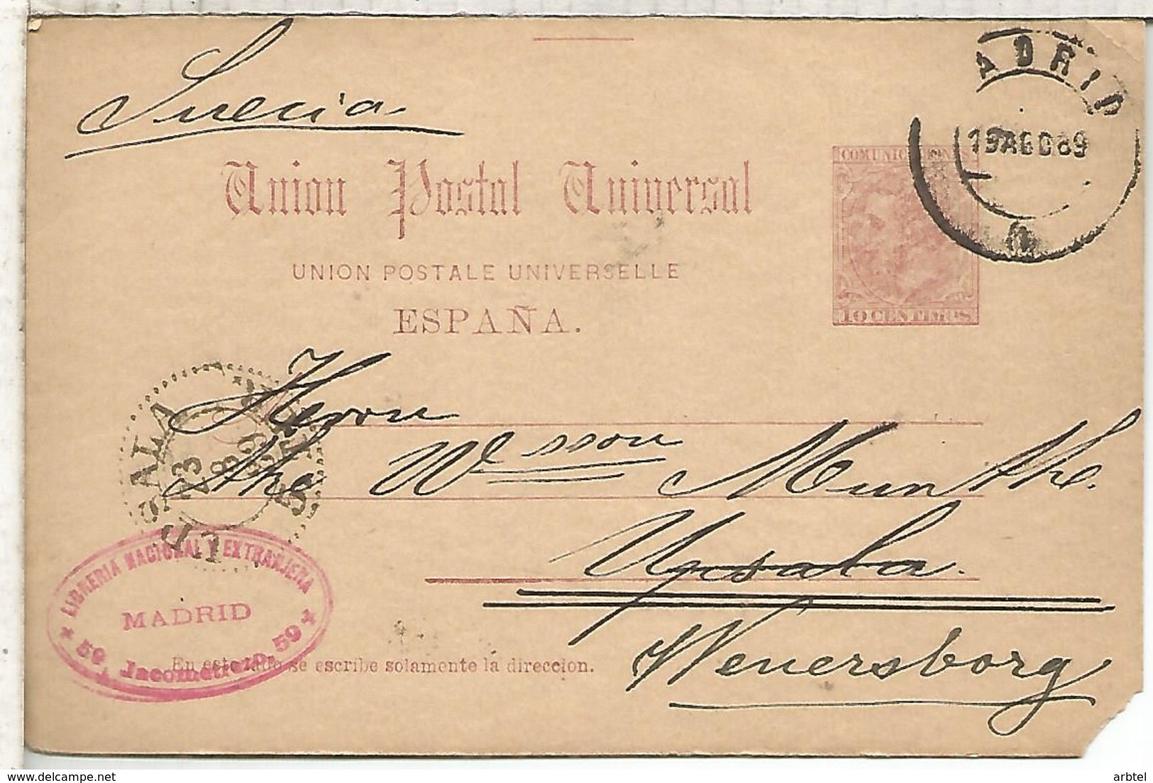 MADRID A UPSALA 1889 TARJETA ENTERO POSTAL SPAIN STATIONERY CARD IMPRESION SELLO BORROSA - 1850-1931