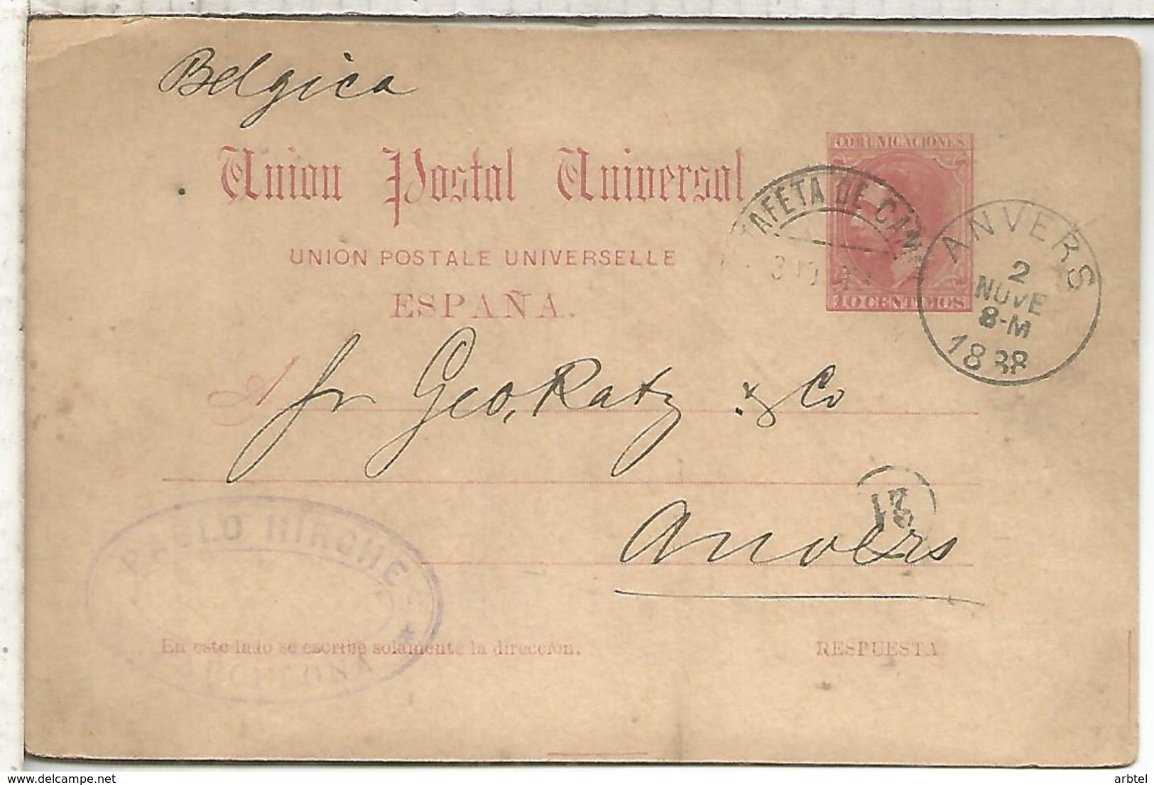 BARCELONA A ANVERS 1888 TARJETA ENTERO POSTAL SPAIN STATIONERY CARD TARJETA RESPUESTA - 1850-1931