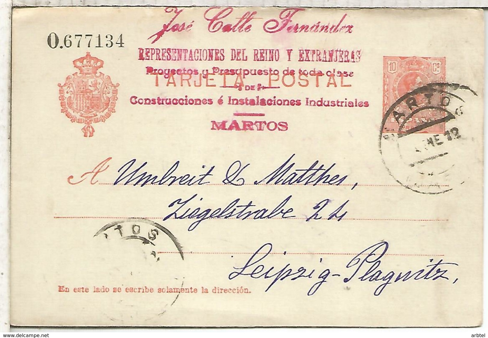 MARTOS JAEN A LEIPZIG 1912 TARJETA ENTERO POSTAL SPAIN STATIONERY CARD - 1850-1931