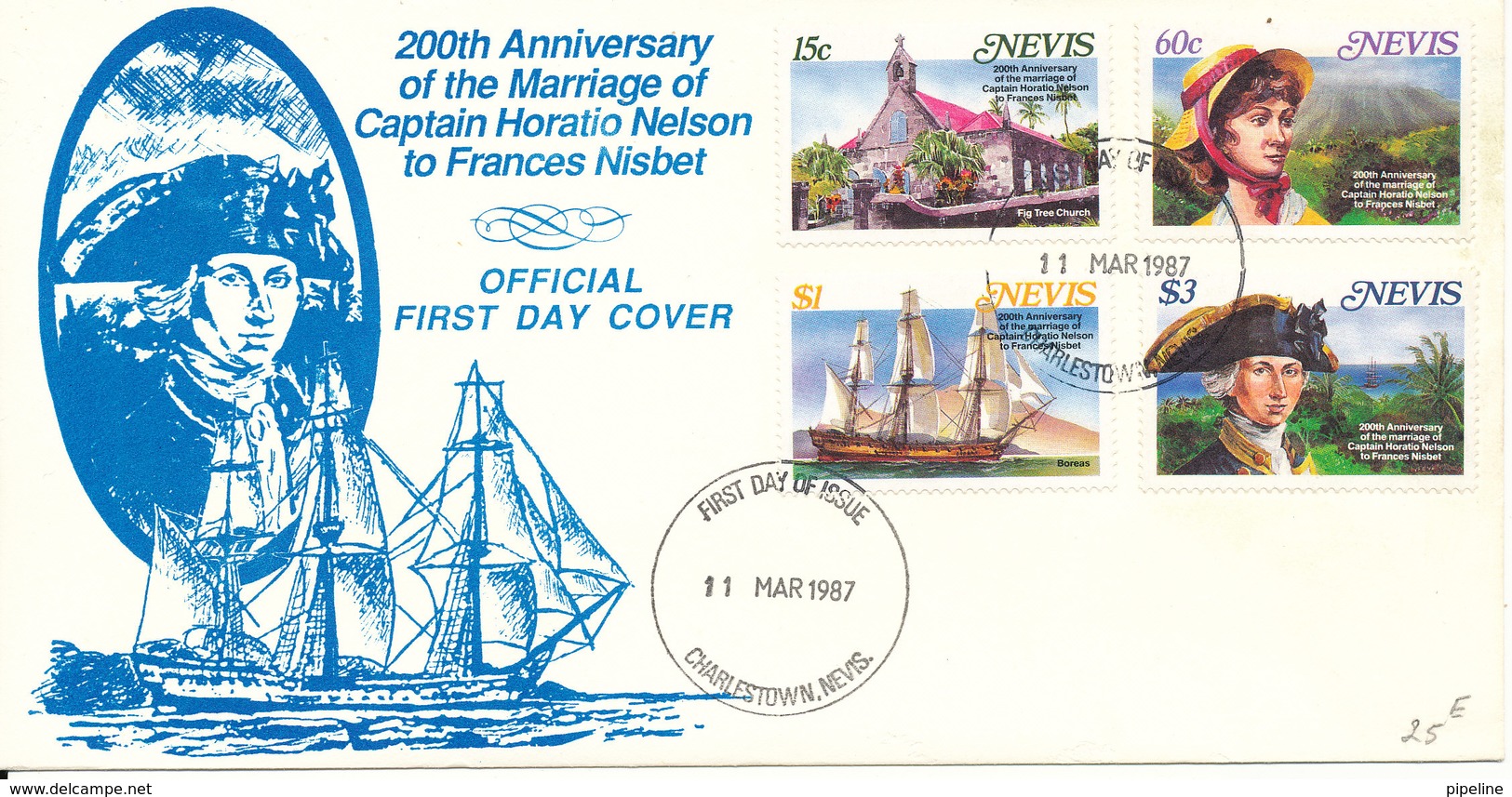 Nevis FDC 11-3-1987 200th Anniversary Of The Marriage Of Captain Horatio To Frances Nisbet Complete Set Of 4 With Cachet - St.Kitts And Nevis ( 1983-...)