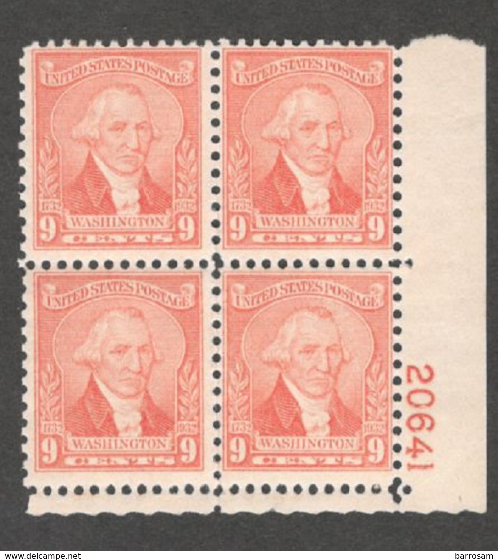 UNITED STATES1932:Michel344(Scott 714) Plate Block Of 4mnh** Cat.Value$40+ - Plattennummern