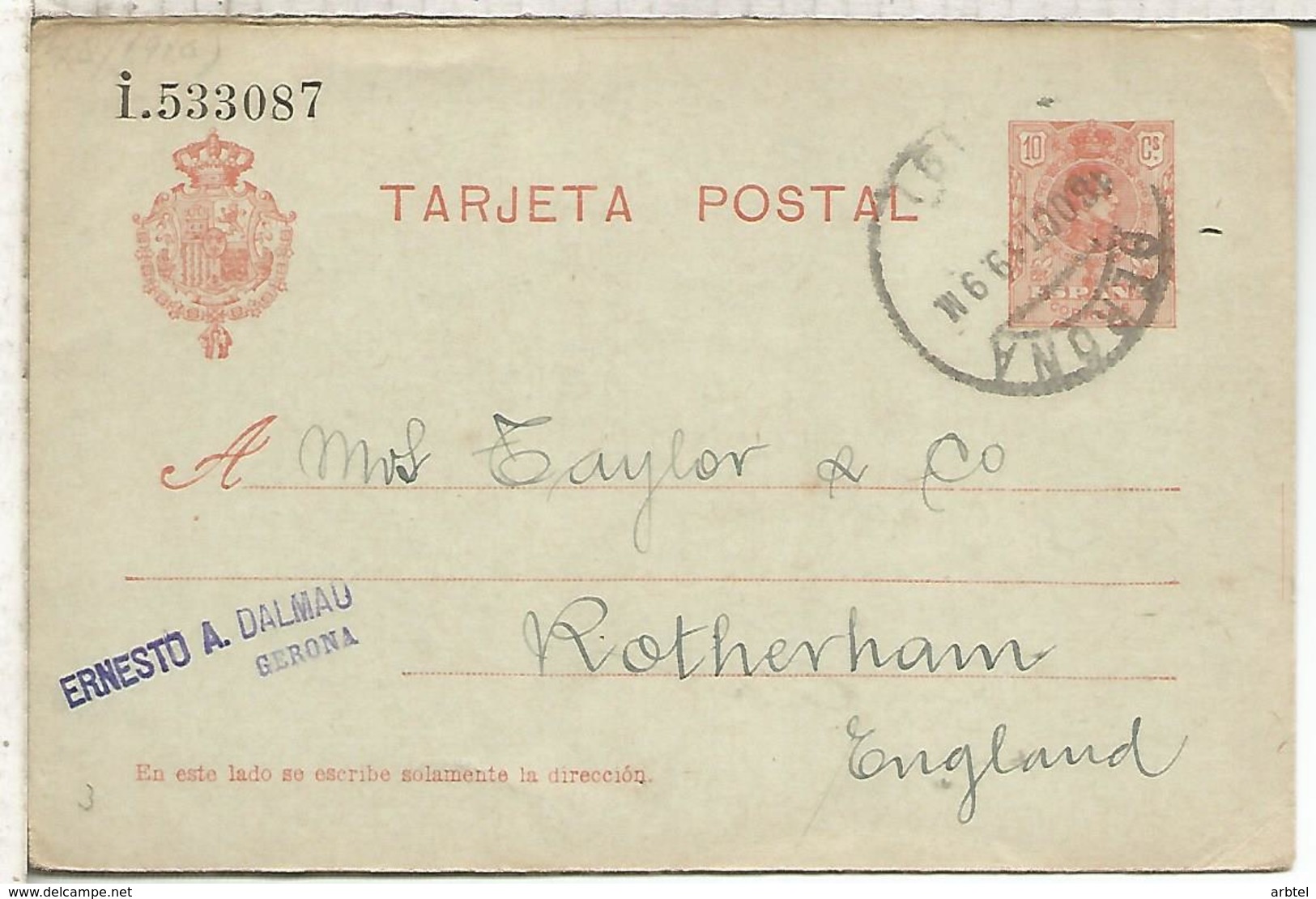 GERONA A ROTHERHAM UK 1919 TARJETA ENTERO POSTAL SPAIN STATIONERY CARD SERIE I MINUSCULA - 1850-1931