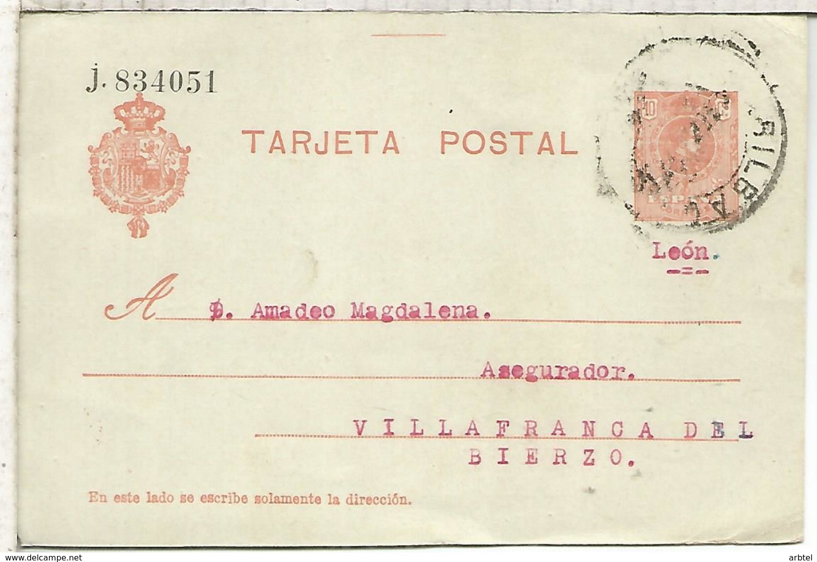 BILBAO A VILLAFRANCA DEL BIERZO LEON  TARJETA ENTERO POSTAL SPAIN STATIONERY CARD - 1850-1931