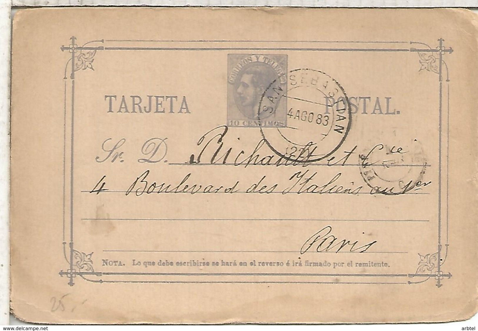 SAN SEBASTIAN A PARIS TARJETA ENTERO POSTAL SPAIN STATIONERY CARD VARIEDAD SR ROTO - 1850-1931