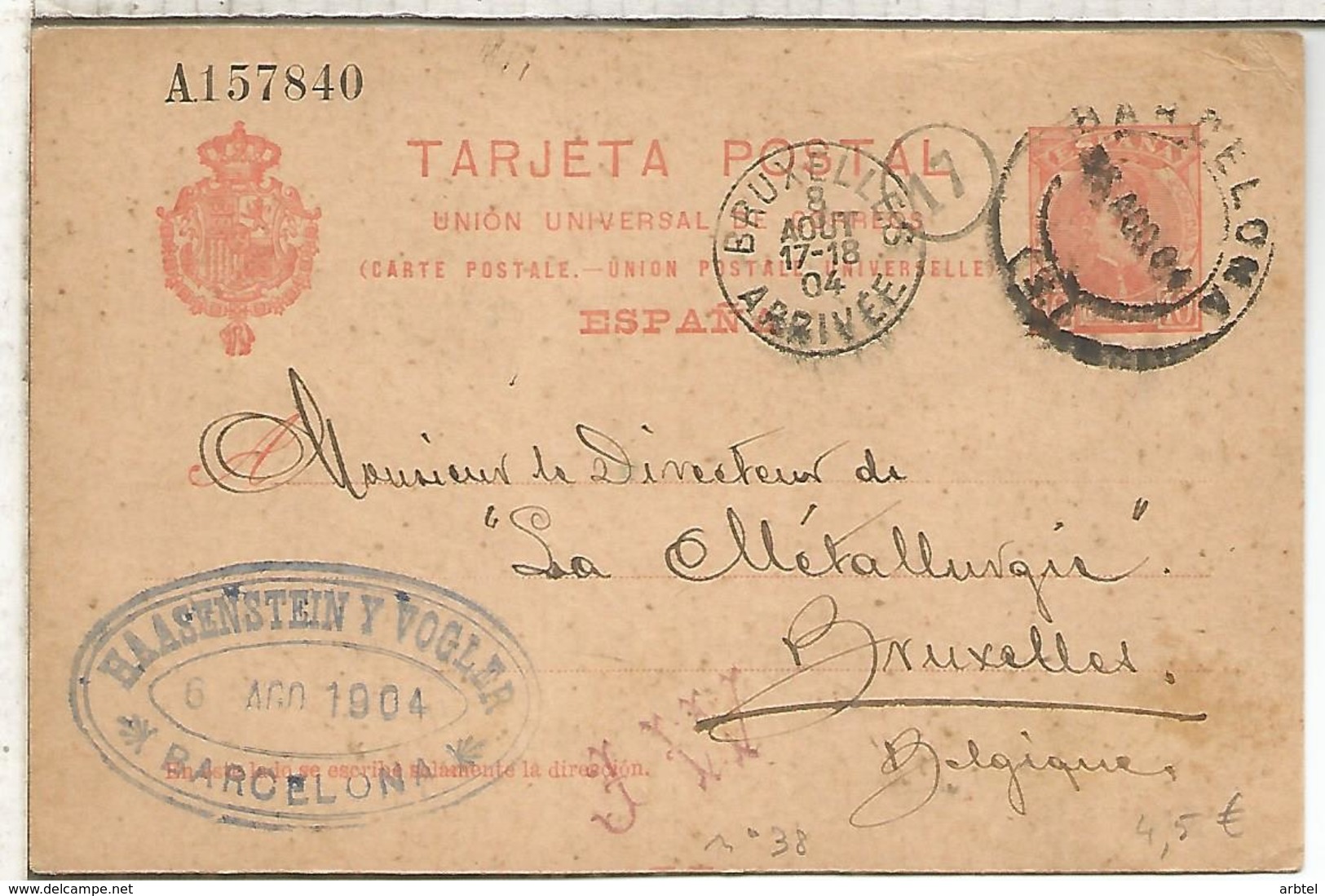 BARCELONA A BRUXELLES 1904 ENTERO POSTAL SPAIN STATIONERY CARD VARIEDAD - 1850-1931