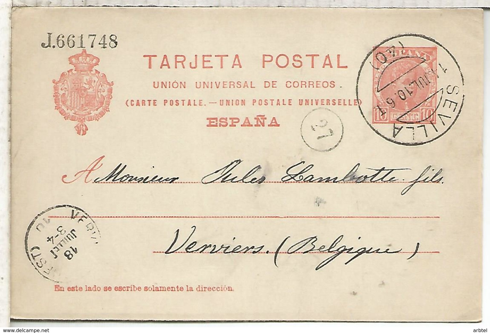 SEVILLA A VERVIERS 1910  ENTERO POSTAL SPAIN STATIONERY CARD VARIEDAD - 1850-1931