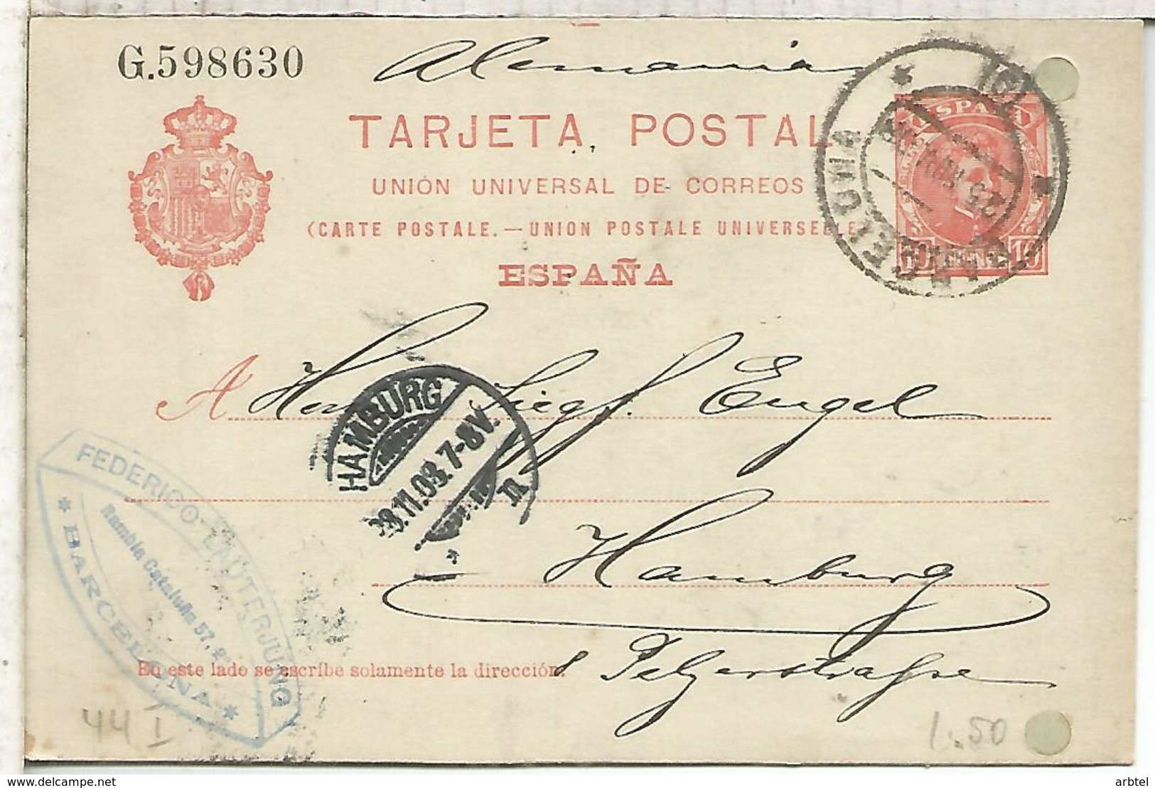 BARCELONA HAMBURG 1908  ENTERO POSTAL SPAIN STATIONERY CARD AGUJEROS ARCHIVO - 1850-1931