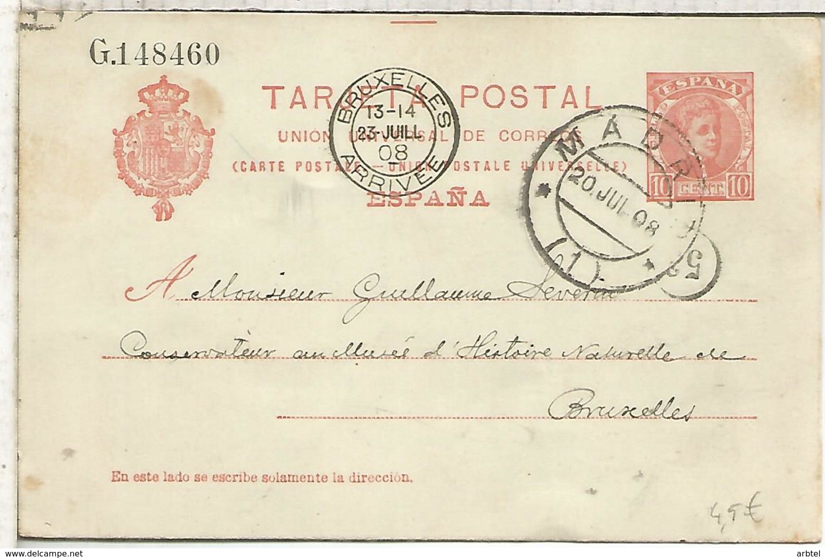 MADRID A BRUXELLES 1908  ENTERO POSTAL SPAIN STATIONERY CARD AGUJEROS ARCHIVO - 1850-1931