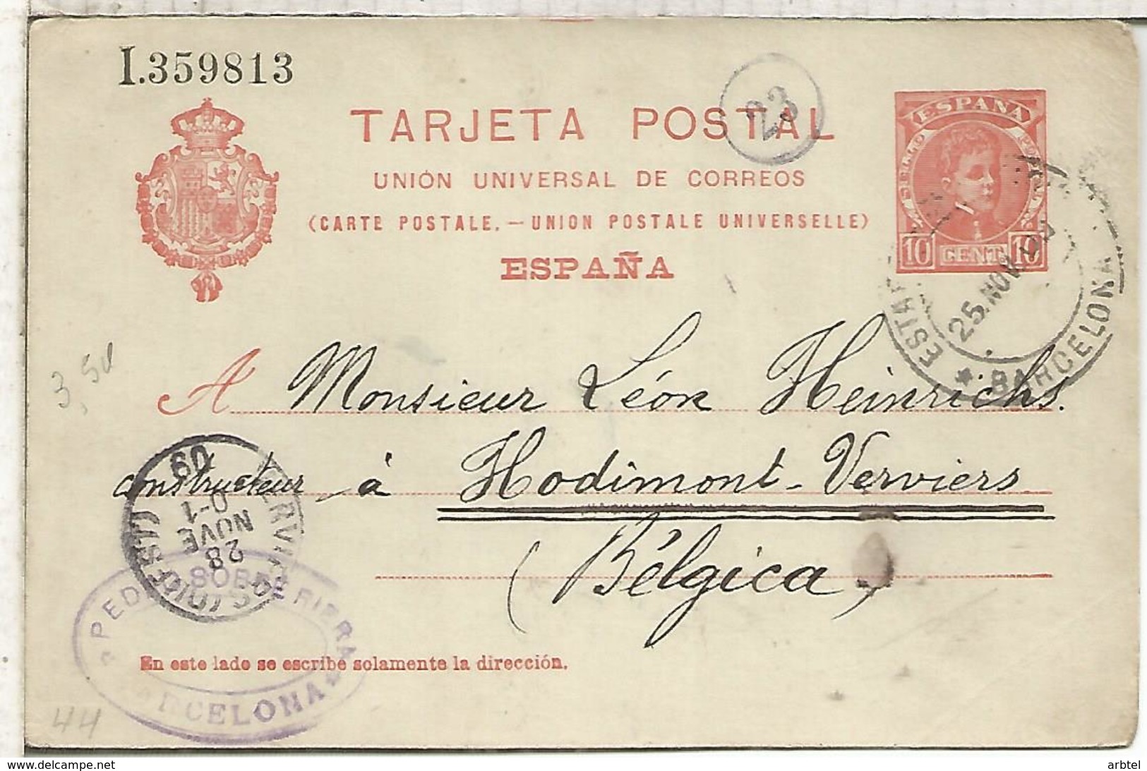 BARCELONA A VERVIERS 1909 ENTERO POSTAL SPAIN STATIONERY CARD - 1850-1931