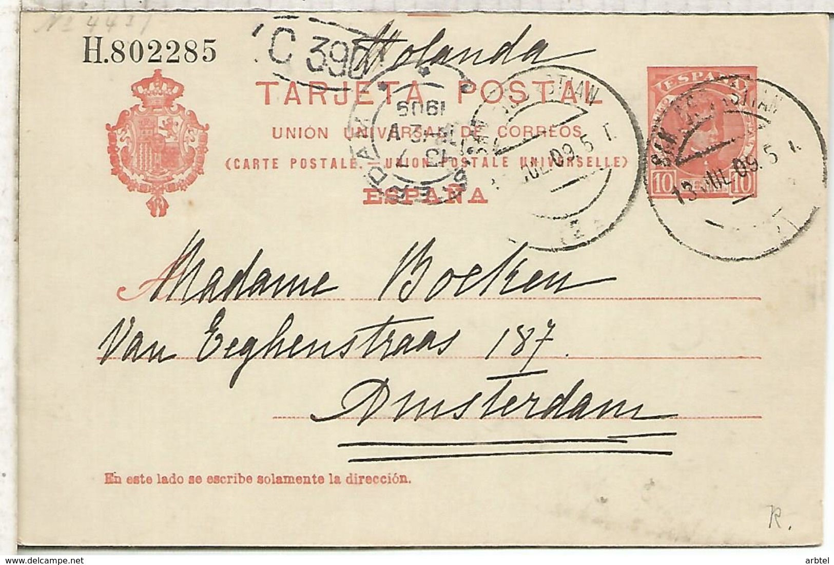 SAN SEBASTIAN A AMSTERDAM 1909  ENTERO POSTAL SPAIN STATIONERY CARD - 1850-1931