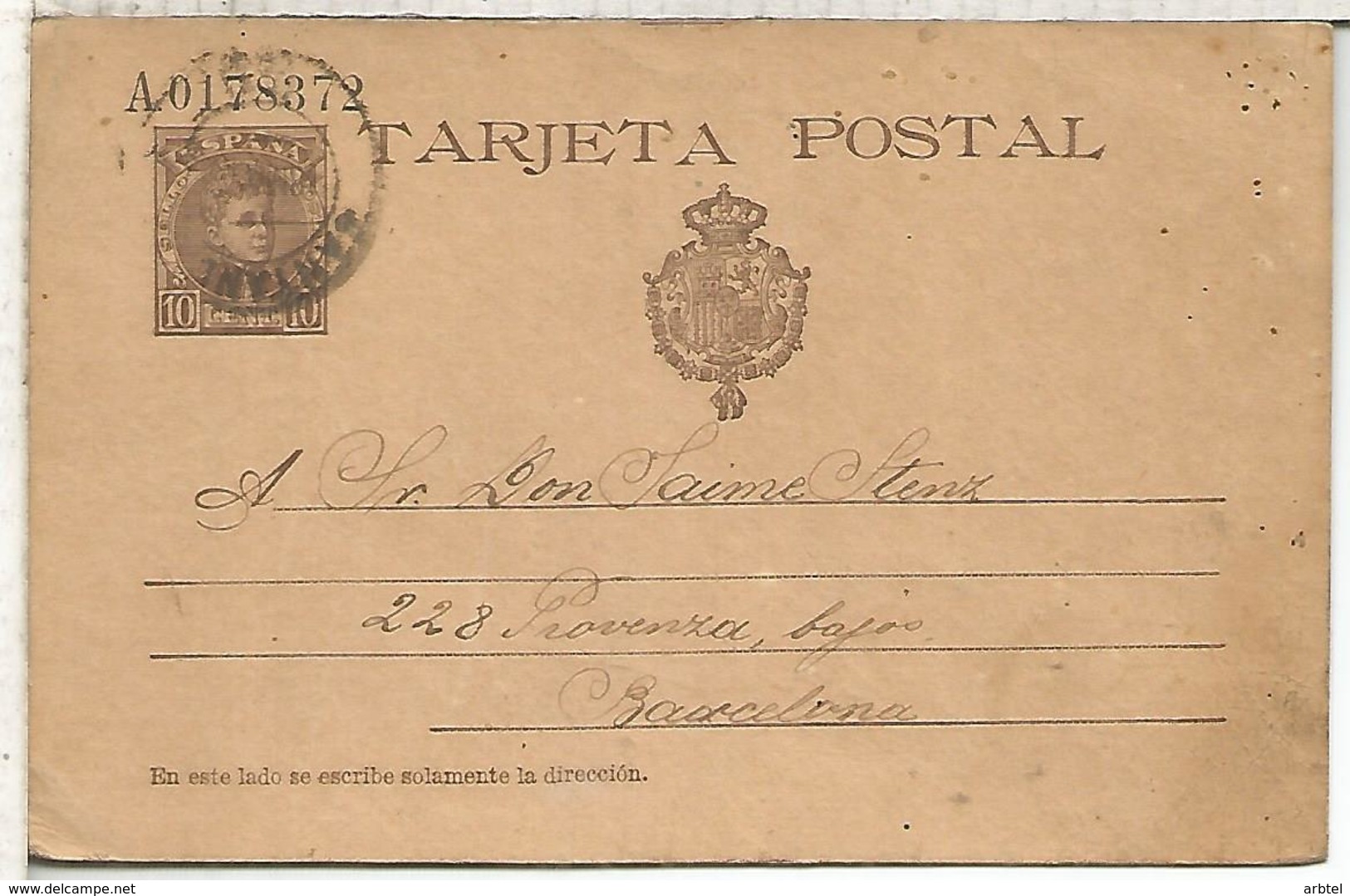 SANTANDER A BARCELONA  ENTERO POSTAL SPAIN STATIONERY CARD SERIE A - 1850-1931