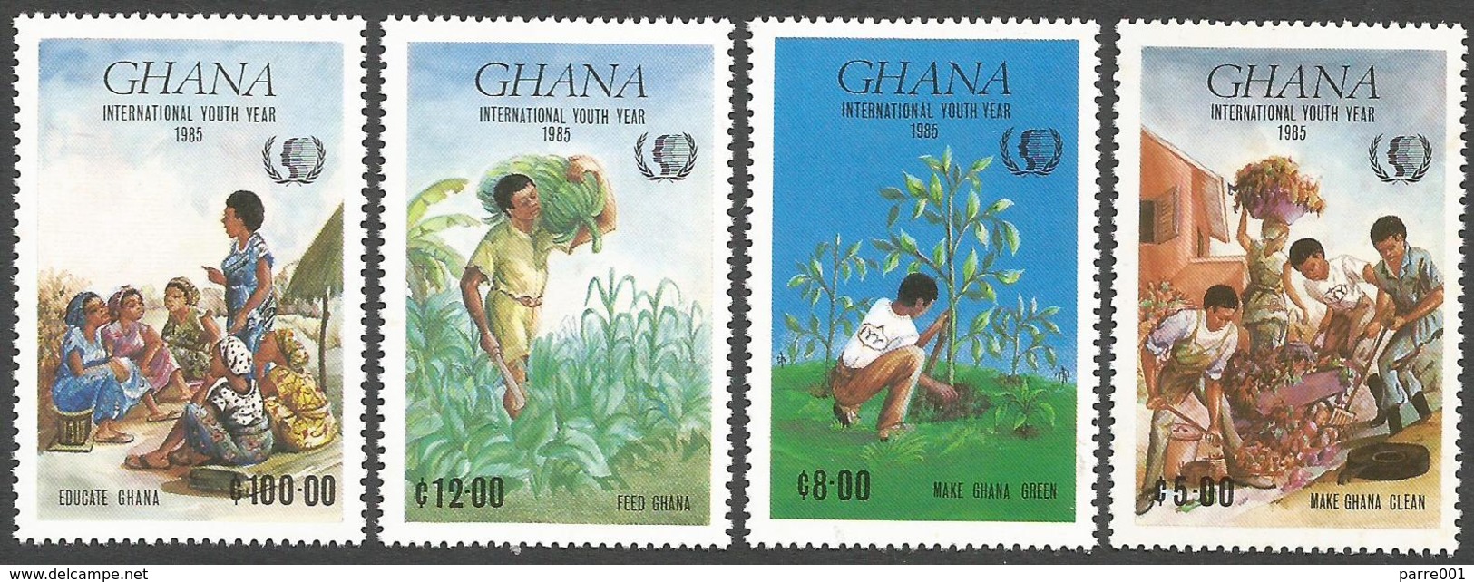 Ghana 1985 International Youth Year Banana Tree Plnting Education Environment Cleaning Michel 1097-1100 Set Mint - Ghana (1957-...)
