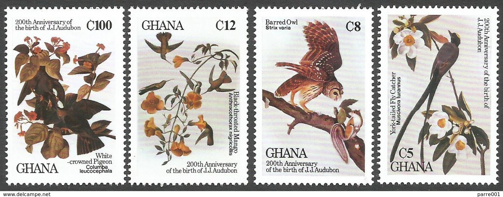 Ghana 1985 Audubon Fly Catcher Barred Owl White-crowned Pigeon Dove Michel 1107-1110 Mint Set - Tauben & Flughühner