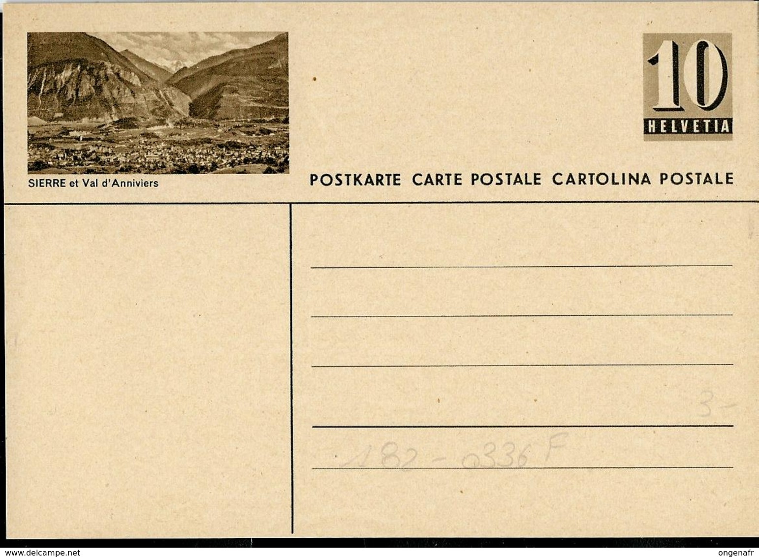 Carte Illustré Neuve N° 182 - 0336 F - SIERRE Et Val D'Anniviers   (Zumstein 2009) - Entiers Postaux