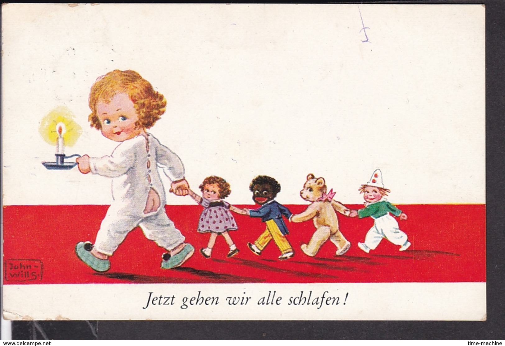 Künstlerpostkarte John Wills , " Jetzt Gehen Wir Alle Schlafen " Spielzeug , Teddybär  1931 - Wills, John