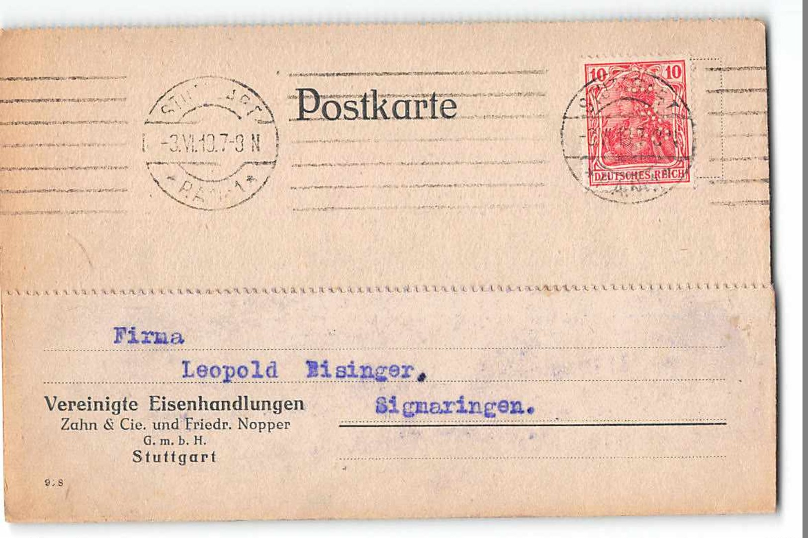 769 01 PERFIN -STUTTGART VEREINIGTE EISENHANDLUNGEN - Storia Postale