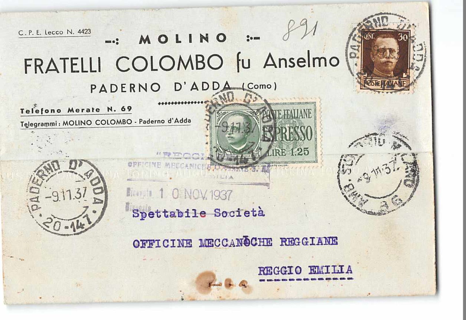 3482 01 MOLINO COLOMBO PADERNO D'ADDA X REGGIO EMILIA - TIMBRO AMBULANTE SONDRIO MILANO - Storia Postale