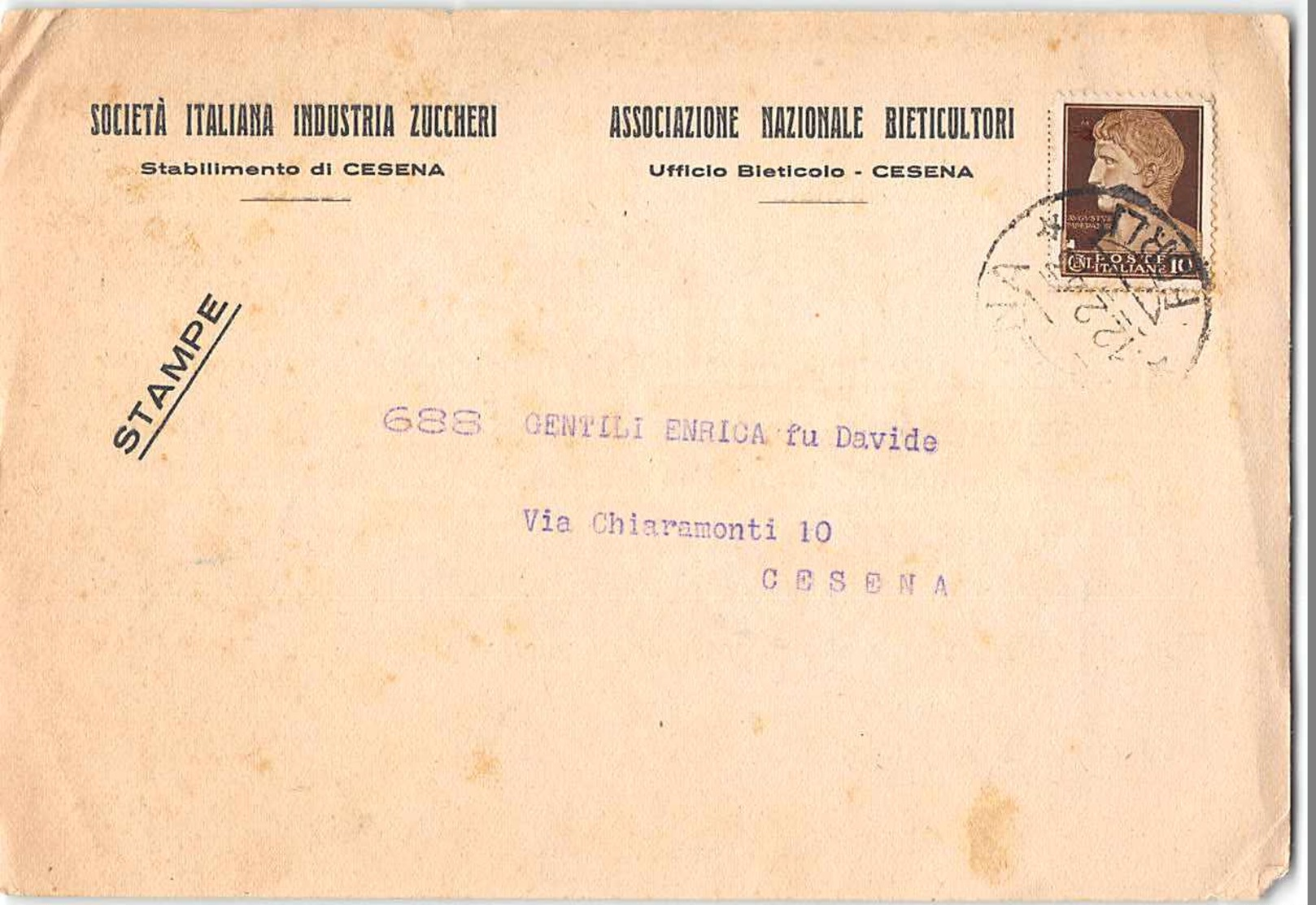 6942 01 SOCIETA ITALIANA INDUSTRIA ZUCCHERI A.N. BIETICULTORI CESENA - Storia Postale